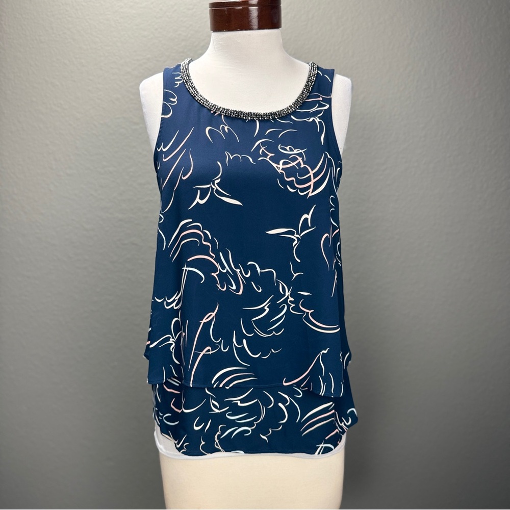 Juicy Couture NWT Blue Embellished Neck Confetti Tiered Blouse Sz S